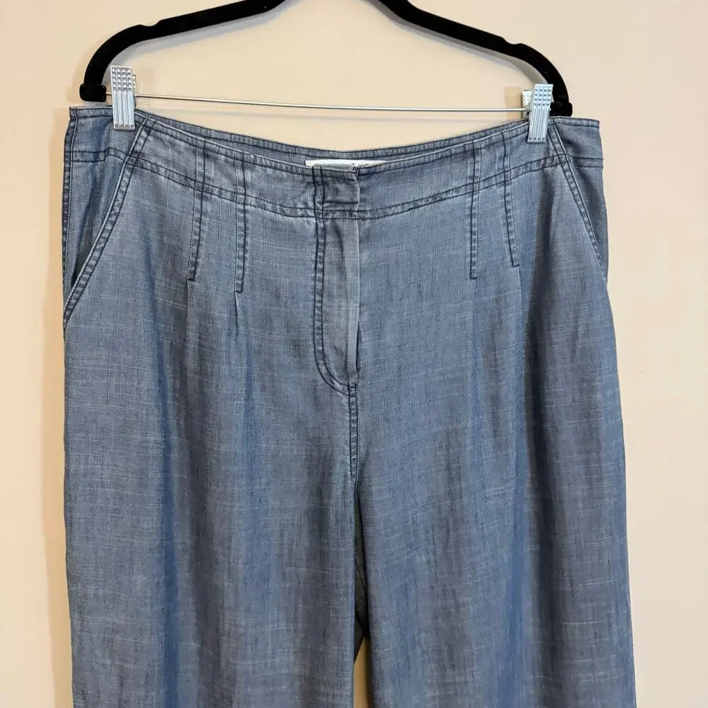 Trina Turk Chambray Pants Womens 37 Blue Linen Blend High Rise Frayed Hem Casual - Picture 3 of 8